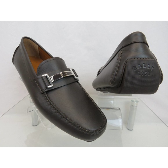BALLY DRULIO DARK BROWN CHOCOLATE LEATHER METAL LOGO DRIVING LOAFERS US 12 D main image 6